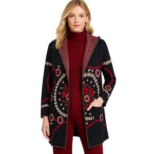 Maxsport XL Embroidered Hooded Cardigan Boho Floral Knit Red Black Wool Blend
